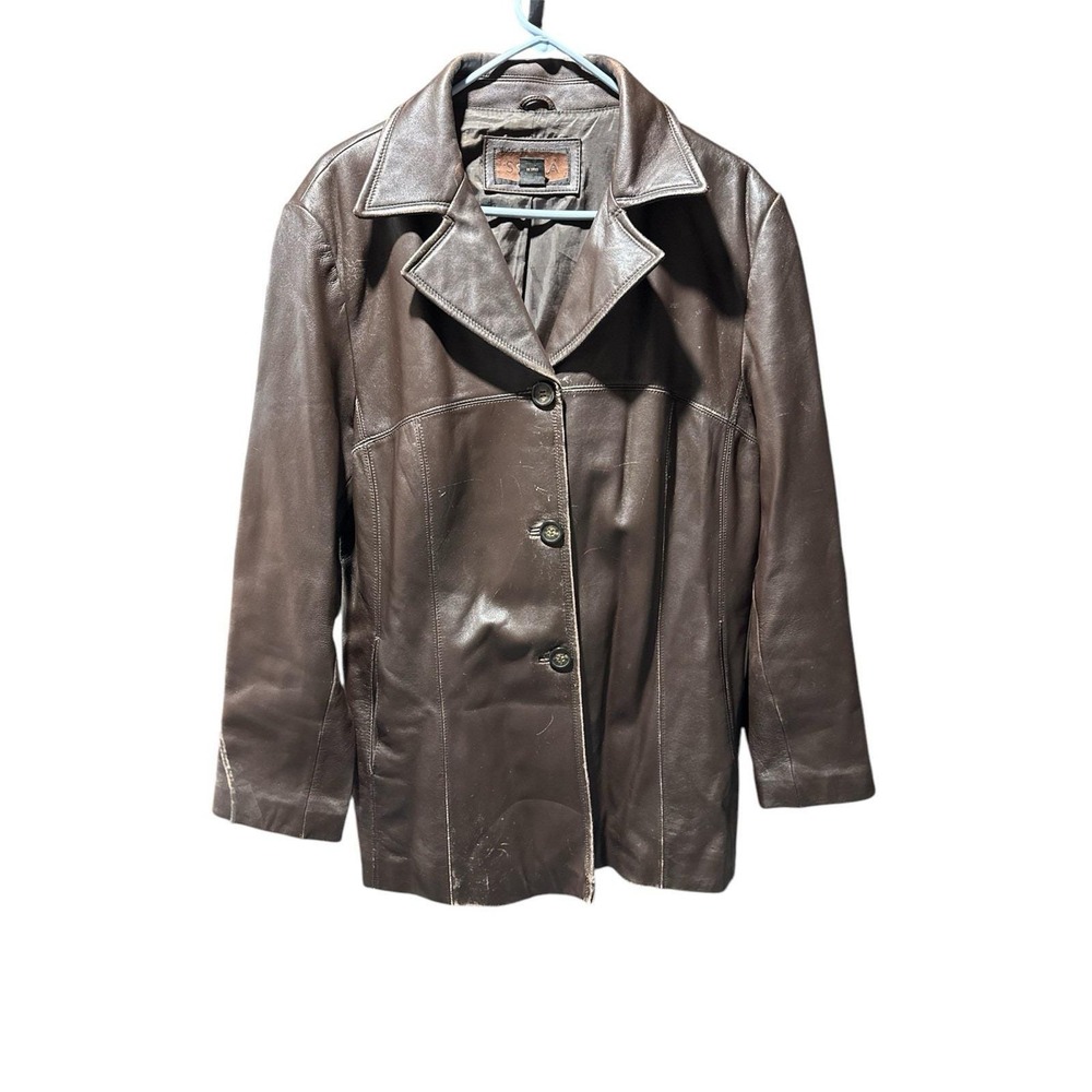 Vintage Y2K Brown Leather Coat Jacket Womens XXL Long Sleeve Button Front